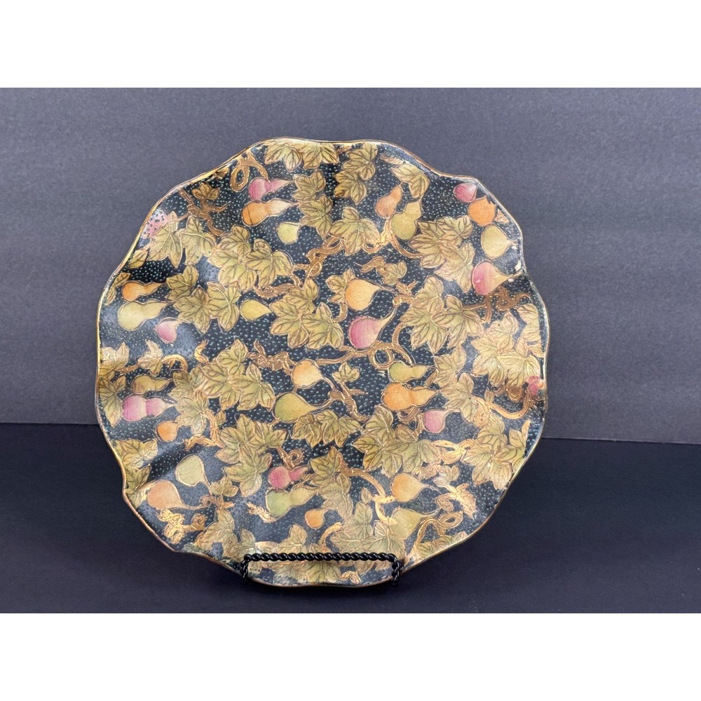 Vintage Scalloped Ceramic Plate Gold Gilt Pear Fig Botanical Design China